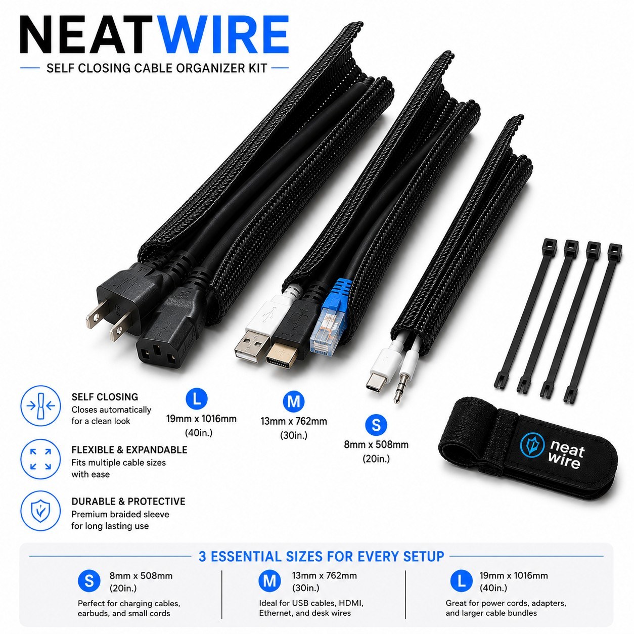 NeatWire self-closing cable organizer kit